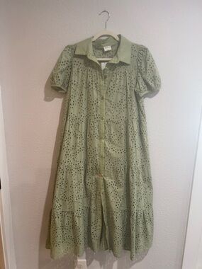 Sage Green Eyelet Button-Front Midi Dress